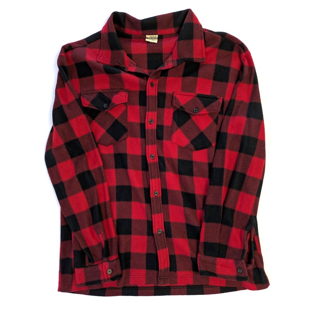 Open Trails Mens XL Red Black Buffalo Plaid Fleece Button Down Shirt RN 132682